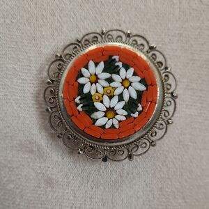 Floral Mosaic Brooch with Orange Accents